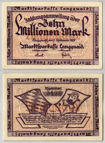 10 Millionen Mark Banknote Inflation Marktsparkasse Langquaid 5.9.1923 (123171)