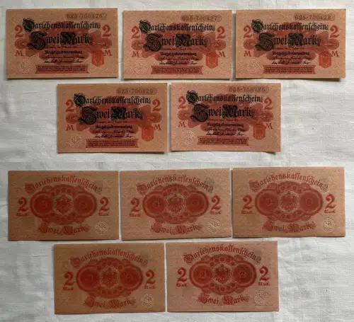5 x 2 Mark Darlehnskassenschein 12.8.1914 mit fortlaufender Nummer UNC (151982)