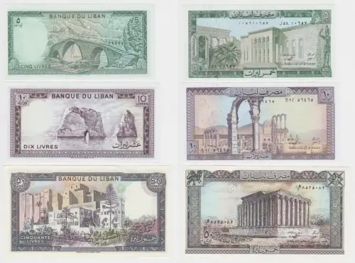 5, 10 & 50 Livres Banknoten Libanon Liban bankfrisch UNC (155022)