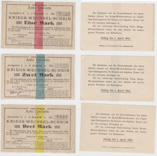 3 Banknoten Notgeld Stadt Datteln Kriegs-Wechselschein 13. August 1914 (133154)