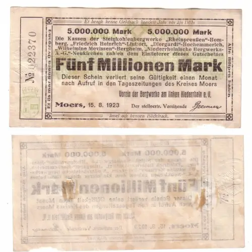 5 Millionen Mark Banknote Infla Moers Verein der Bergwerke 15.8.1923 (113228)
