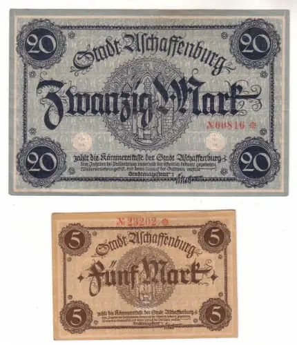 5 und 20 Mark Banknoten Stadt Aschaffenburg um 1918 (112697)