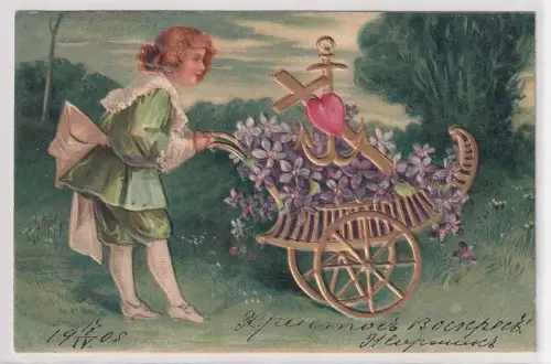 09631 geprägte Ak GLAUBE, LIEBE, HOFFNUNG Junge mit Vergißmeinnicht 1905