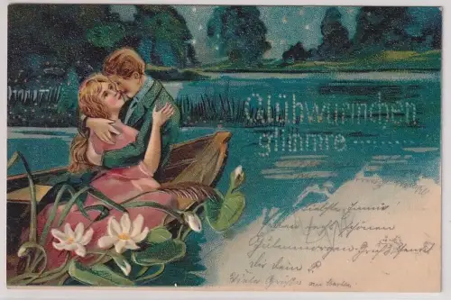 90816 Künstler Ak "Glühwürmchen glimme" Liebespaar Ruderboot Seerosen um 1910