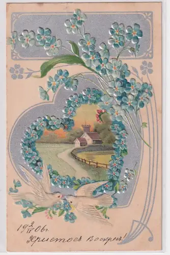 87776 Präge AK Jugendstil Vergißmeinnicht Tauben Herz 1906