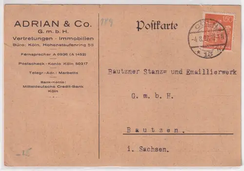 97634 Postkarte Zudruck Adrian & Co. Köln Vertretungen Immobilien 1922