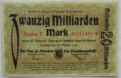 20 Milliarden Mark Banknote Inflation Stadthauptkasse Dresden 1923 (166039)