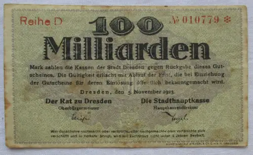 100 Milliarden Mark Banknote Inflation Stadthauptkasse Dresden 1923 (161474)