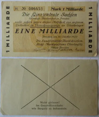 Banknote Inflation Girozentrale Dresden 1 Milliarde Mark 18.10. 1923 (168328)