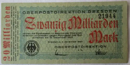 20 Milliarden Mark Banknote Inflation Oberpostdirektion Dresden 1923 (166432)