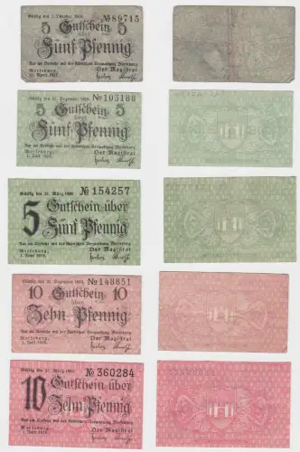 3 x 5 & 2 x 10 Pfennig Banknoten Notgeld Stadt Merseburg 1917/1919 (133175)