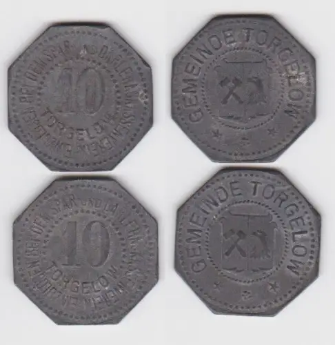 2  x 10 Pfennig Zink Notgeld Münzen Stadt Torgelow ohne Jahr (140890)