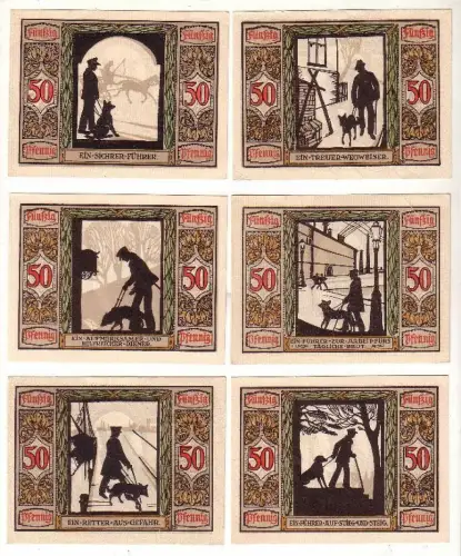6 Banknoten 50 Pfennig Notgeld Oldenburg Verein für Sanitätshunde 1921 (115720)