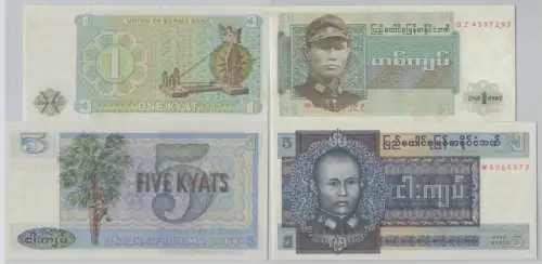 1 & 5 Kyats Banknote Union of Burma Bank (1972/73) Pick 56, 57 UNC (136805)