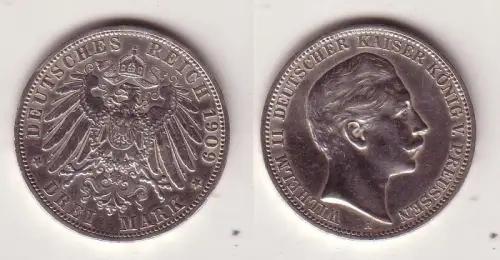 3 Mark Silbermünze Preussen Kaiser Wilhelm II 1909 Jäger 103  (115677)