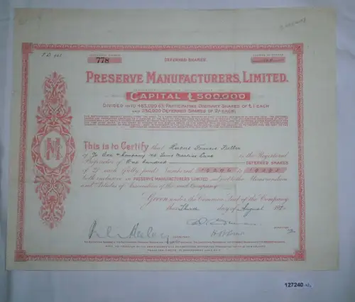 1 Pfund 100 Aktien Preserve Manufacturers 3. August 1920 (127240)