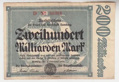 200 Milliarden Mark Banknote Aushilfsschein Hansestadt Hamburg 5.11.1923(114832)