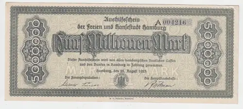 5 Millionen Mark Banknote Aushilfsschein Hansestadt Hamburg 28.08.1923 (112200)