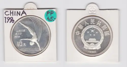 10 Yuan Silber Münze China 1990 Olympia Barcelona 1992, Turmspringen (133618)