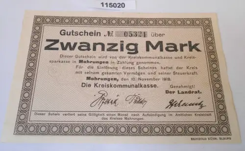 20 Mark Banknote Notgeld Kreis Mohrungen 10.November 1918 (115020)