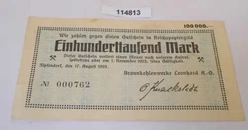 100000 Mark Banknote Inflation Zipsendorf Braunkohlenwerke Leonhard 1923(114813)