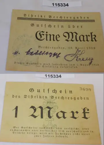1 Mark Banknote Gutschein Notgeld Distrikt Berchtesgaden 29.April 1919 (115334)