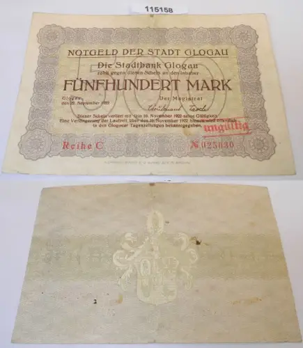 500 Mark Banknote Notgeld Stadt Glogau 22.September 1922 (115158)