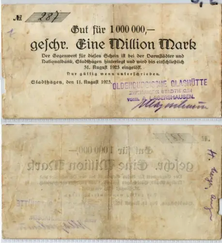 1 Million Mark Banknote StadtHagen Oldenburgische Glashütte 1923 (126321)