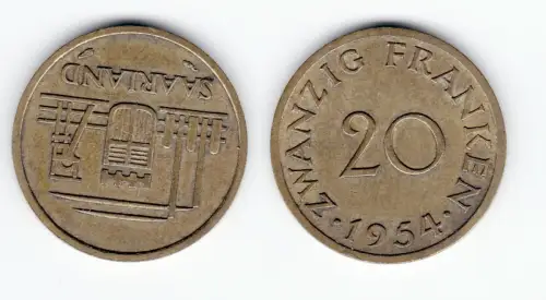20 Franken Messing Münze Saarland 1954 vz (122515)