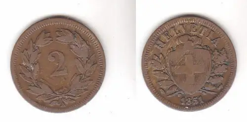 2 Rappen Kupfer Münze Schweiz 1851 A (114379)
