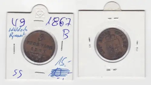 3 Pfennig Kupfer Münze Waldeck und Pyrmont 1867 B (142299)