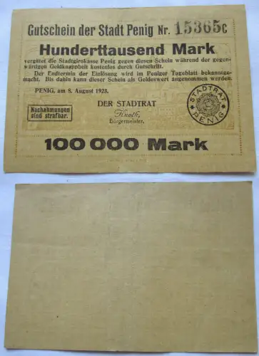 seltene Banknote Inflation 100000 Mark Stadt Penig 8.8.1923 (122507)
