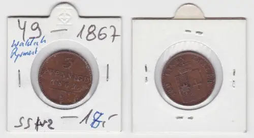 3 Pfennig Kupfer Münze Waldeck und Pyrmont 1867 B (142199)