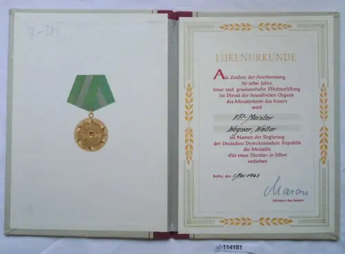 DDR Urkunde Medaille für treue Dienste Ministerium des Innern in Silber (114181)
