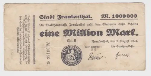 1 Million Mark Banknote Inflation Stadt Frankenthal 3.8.1923 (153561)