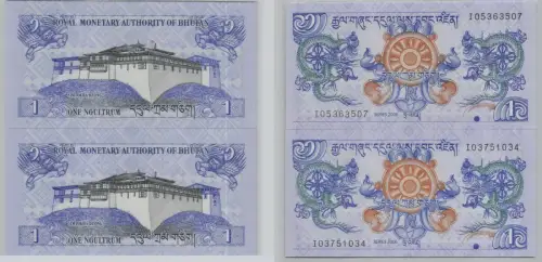 2x 1 Ngultrum Banknote Bhutan 2006 Pick 27 bankfrisch UNC (153917)