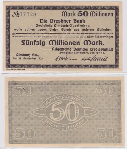 50 Millionen Mark Banknote Dresdner Bank Limbach 28.9.1923 (121544)