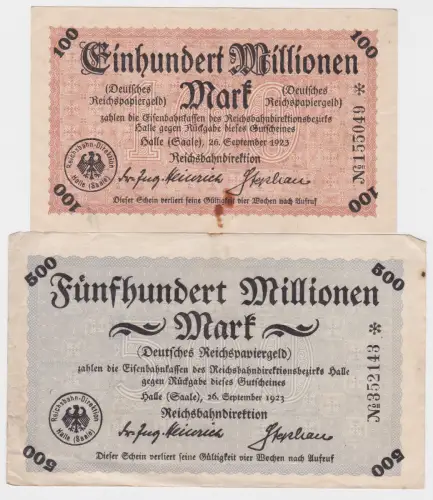 100 & 500 Millionen Mark Banknoten Reichsbahndirektion Halle 1923 (120604)
