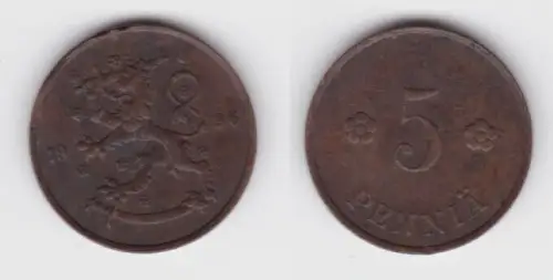 5 Penniä Kupfer Münze Finnland 1936 (142724)