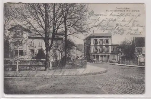 900413 Ak Zweibrücken Bismarckstrasse mit Brücke 1907