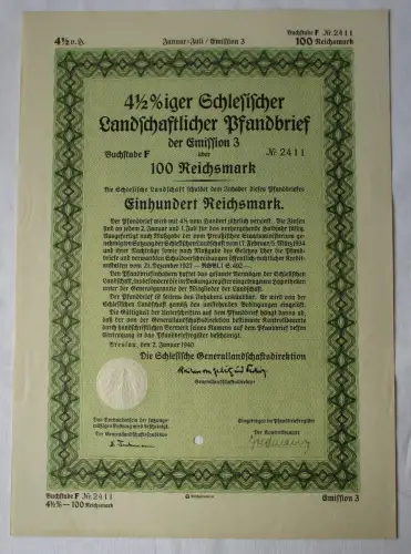 100 Reichsmark Schlesischer Landschaftlicher Pfandbrief Breslau 1940 (124341)