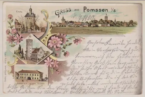 69397 Ak Lithographie Gruß aus Pomssen Gasthof , Kirche usw. 1900