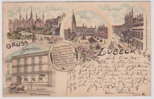 50761 Ak Lithographie Gruß aus Lübeck Behrens Hotel usw. 1902