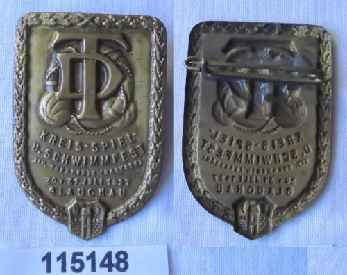altes Blech Abzeichen Kreis Spiel & Schwimmfest Glauchau 1927 (115148)