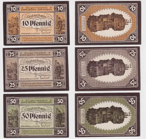 3 Banknoten Notgeld Bürgermeisterei Eppelborn Dirmingen 1921 (170948)