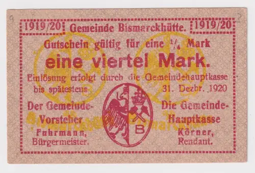 1/4 Mark Banknote Notgeld Gemeinde Bismarckhütte 1919/20 (170866)