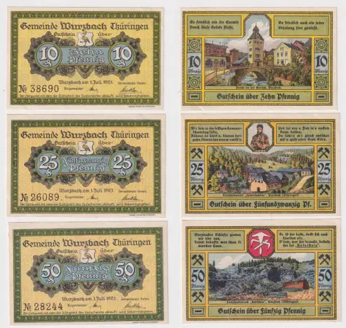 10, 25, 50 Pfennig Banknoten Notgeld Gemeinde Wurzbach 1921 (170819)