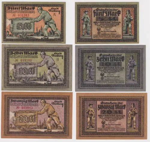 5, 10 und 20 Mark Banknoten Notgeld Stadt Freiberg 15.11.1918 (171373)