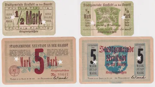 1/2 und 5 Mark Banknoten Notgeld Stadtgemeinde Neustadt an der Haardt  (170837)