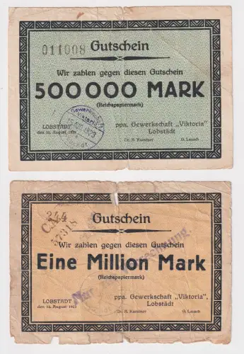 2 Banknoten Braunkohlen Gewerkschaft "Viktoria" Lobstädt 15.8.1923 (170863)